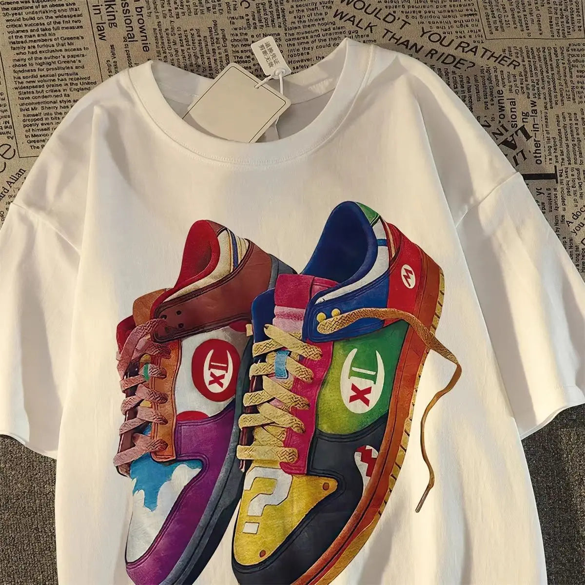 Design Sense Niche Version Shoe Print Short-sleeved T-shirt 2025 Couple Loose and Versatile Vintage Pure Cotton Top Men Harajuku
