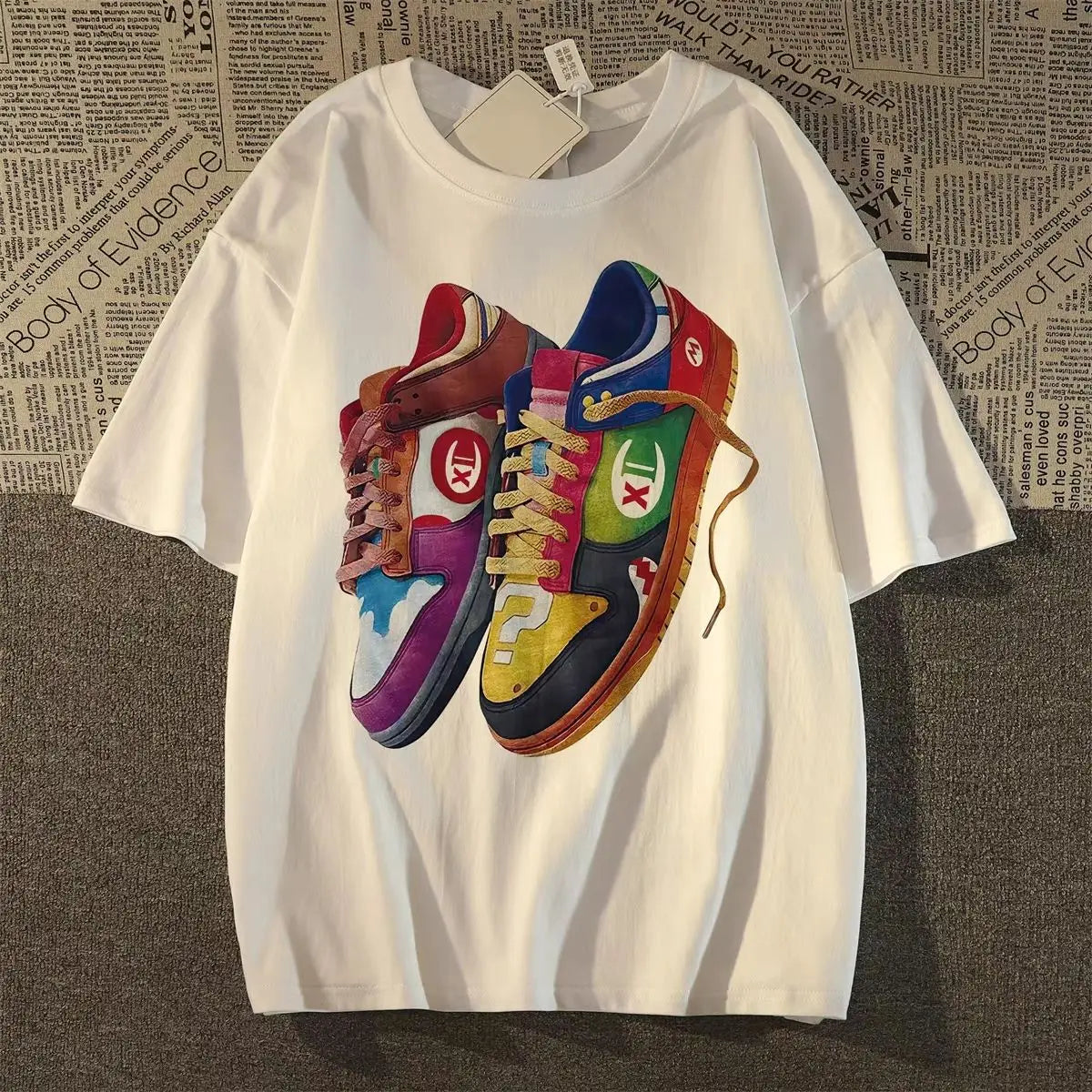 Design Sense Niche Version Shoe Print Short-sleeved T-shirt 2025 Couple Loose and Versatile Vintage Pure Cotton Top Men Harajuku